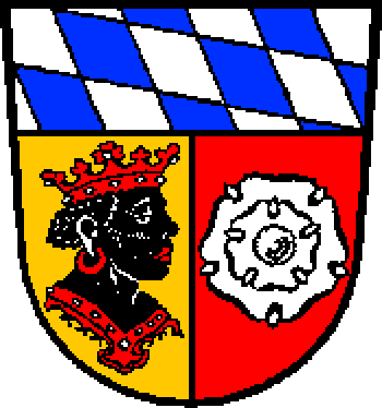 Under a chief with the Bavarian lozenges per pale: Dexter a moor's head facing Sinister Sable crowned Or, Sinister a rose Argent.