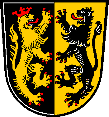 Gespalten von Schwarz und Gold; vorne ein linksgewendeter, rot gekrnter und rot bewehrter goldener Lwe; hinten ein rot bewehrter schwarzer Lwe.