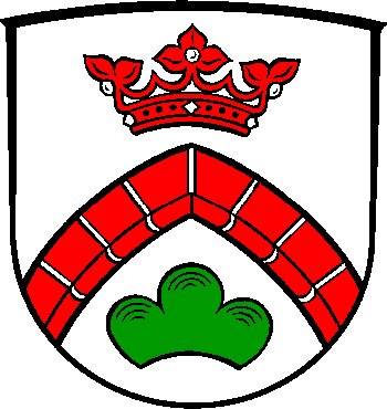 Argent, a chevron arched Gules masoned Argent between a crown Gules and a triple mount suspended Vert.